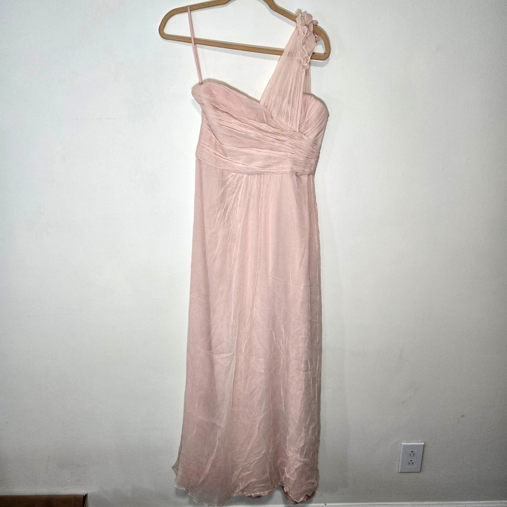 Amsale Silk Chiffon One Shoulder Gown Womens 10 Blush Pink Ruched Maxi Dress